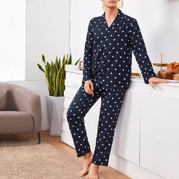 

Men Lapel Collar Polka Dot PJ Set, Navy blue