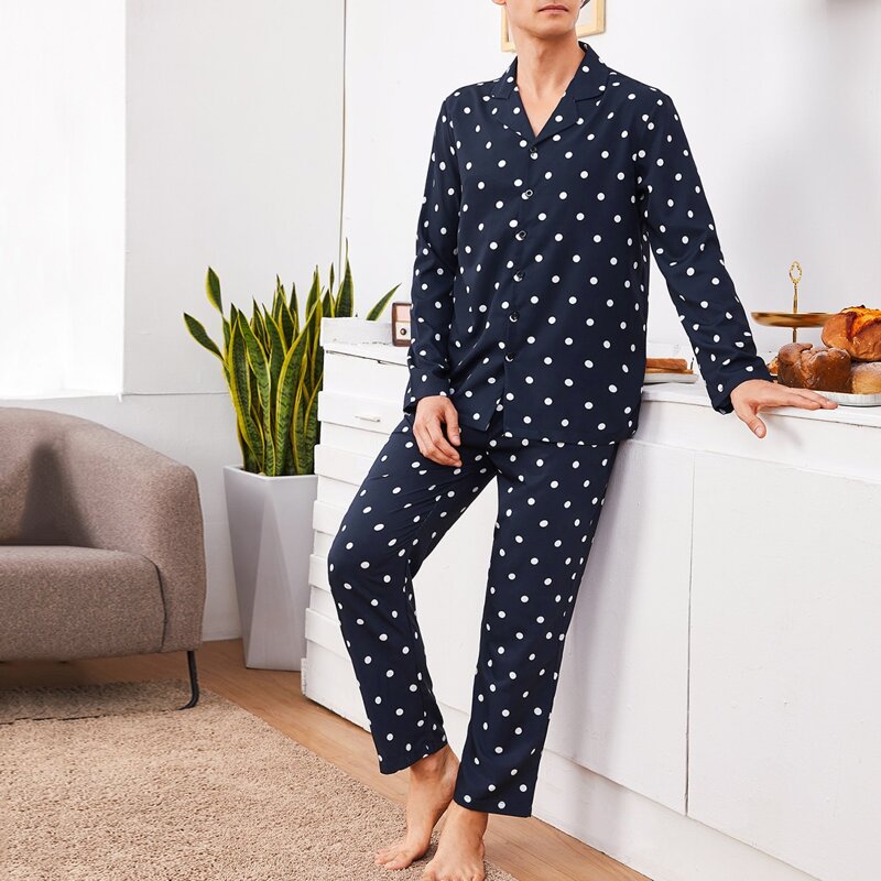 

Men Lapel Collar Polka Dot PJ Set, Navy blue