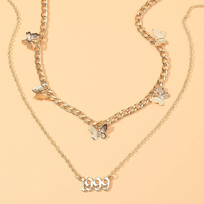 

2pcs Butterfly & Number Pendant Necklace, Gold