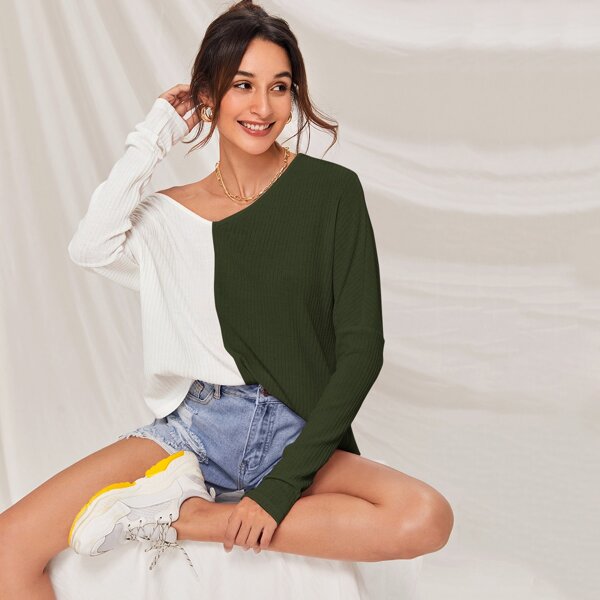 

Batwing Sleeve Two Tone Rib-knit Top, Multicolor
