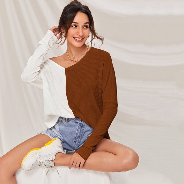 

Batwing Sleeve Two Tone Rib-knit Top, Multicolor