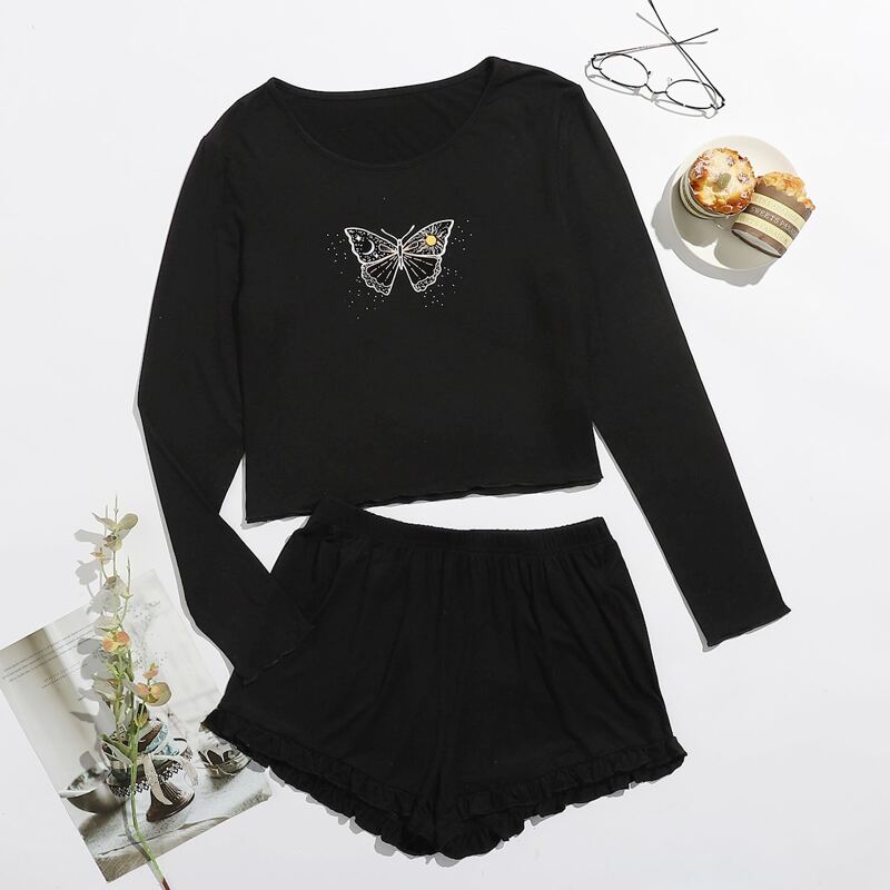 

Butterfly Print Frill Hem PJ Set, Black
