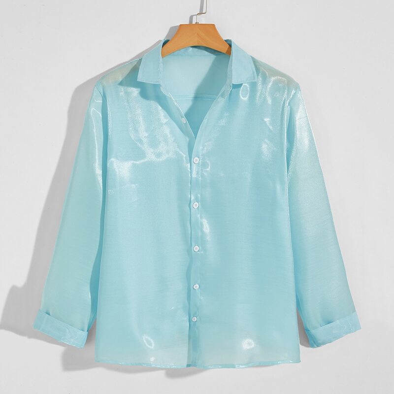 

Guys Solid Button Up Sheer Organza Shirt, Mint blue