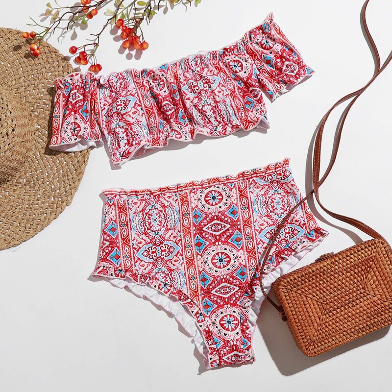

Tribal Frill Trim High Waist Bikini Swimsuit, Multicolor