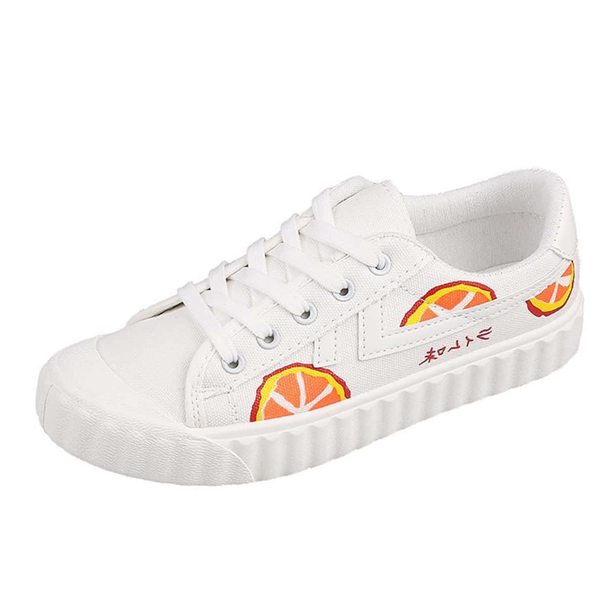 

Orange Print Lace-up Canvas Sneakers, White