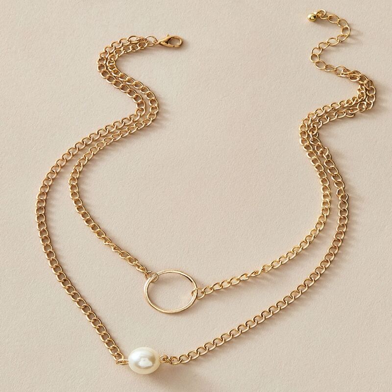 

Faux Pearl & Ring Decor Layered Necklace, Gold