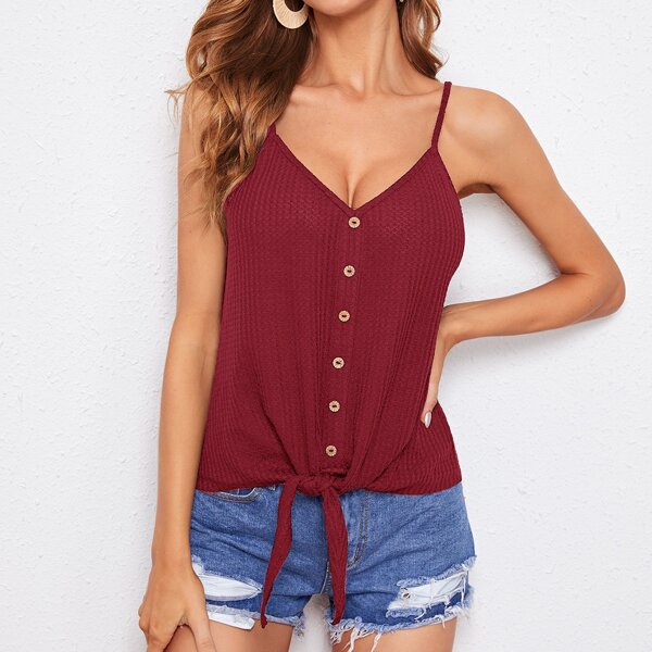 

Double V-Neck Buttoned Front Knot Hem Cami Top, Burgundy