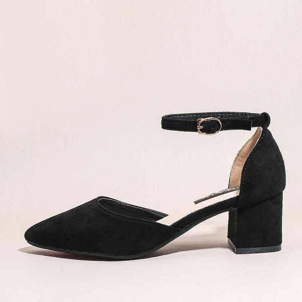

Point Toe Ankle Strap Chunky Heels, Black