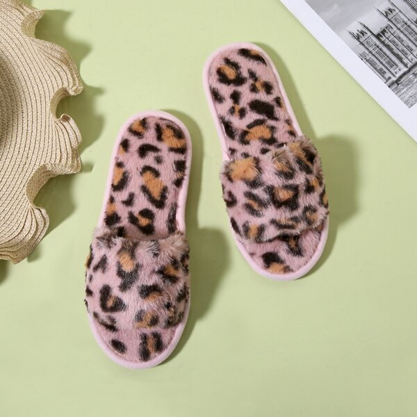 

Open Toe Leopard Fluffy Slippers, Pink