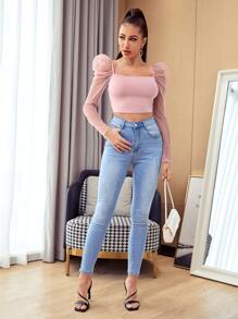 SHEIN Privé 提花網紗羊腿袖短版上衣 - 藕粉色 - 查看 5