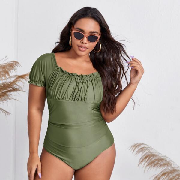 

Plus Ruched Frill Trim One Piece Swimsuit, Army green