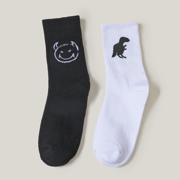 

2pairs Men Cartoon Graphic Socks, Black and white