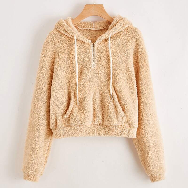 

Solid Half Zip Crop Teddy Hoodie, Apricot