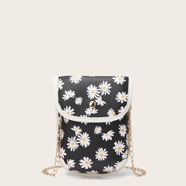 

Floral Graphic Flap Crossbody Bag, Black