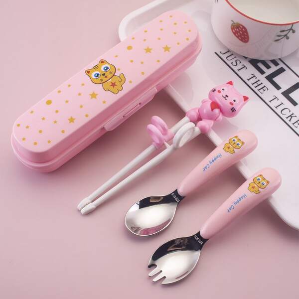 

3pcs Kids Cartoon Cutlery Set & 1pc Box, Pink