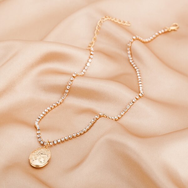 

Oval Charm Rhinestone Decor Necklace, Gold