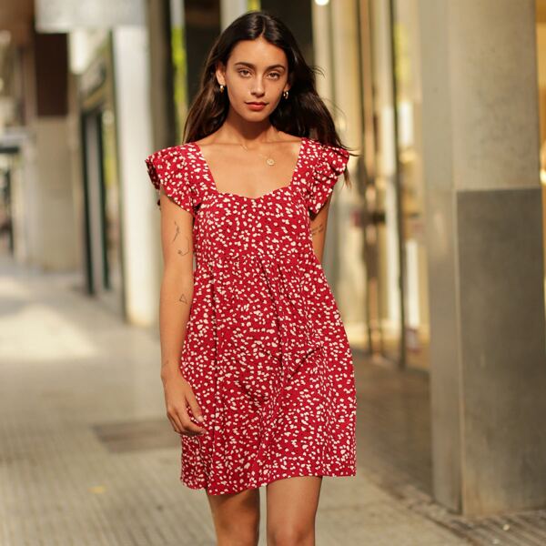 

Ditsy Floral Print Ruffle Trim Smock Dress, Red