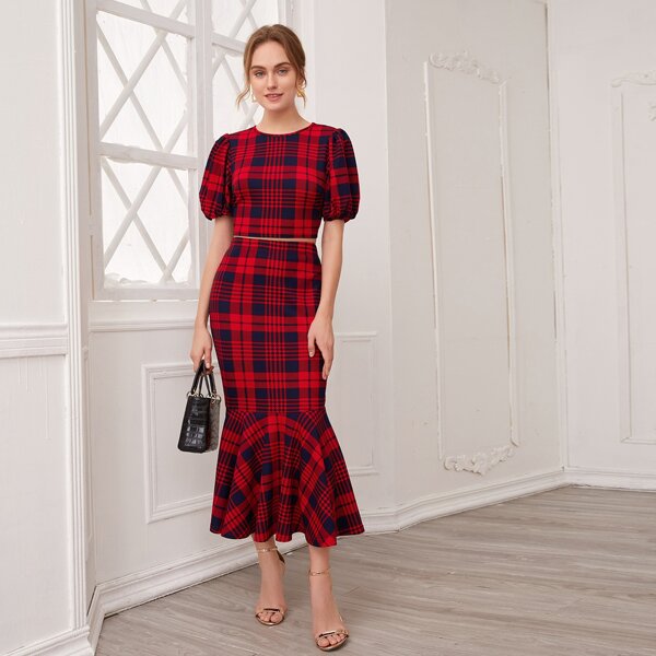 

Puff Sleeve Plaid Top & Mermaid Skirt Set, Multicolor