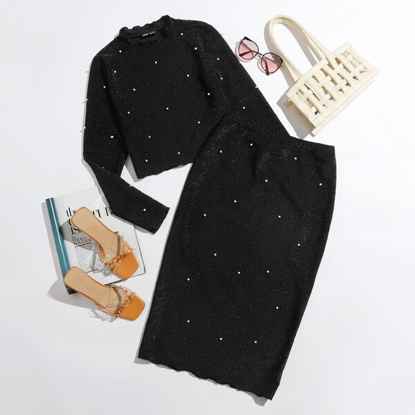 

Lettuce Trim Pearl Beaded Glitter Top & Skirt Set, Black