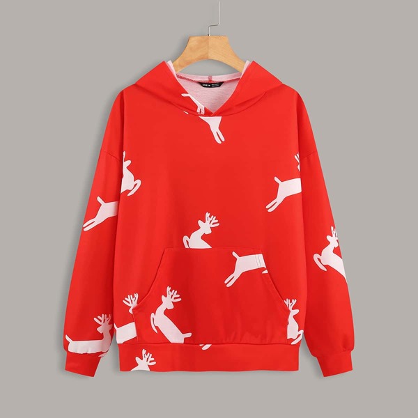 

Kangaroo Pocket Elk Print Hoodie, Red