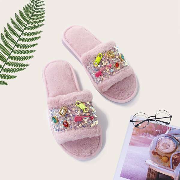 

Sequin & Gemstone Decor Fluffy Slippers, Baby pink