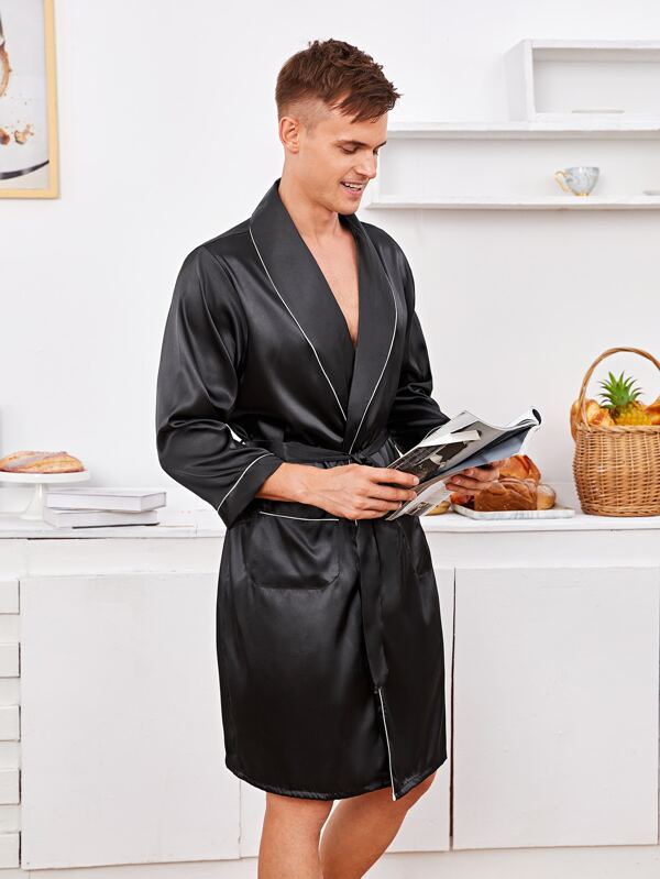 mens black satin robe