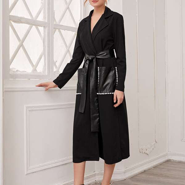 

Notched Collar Pearl Beaded PU Patch Pocket Belted Blazer Dress, Black