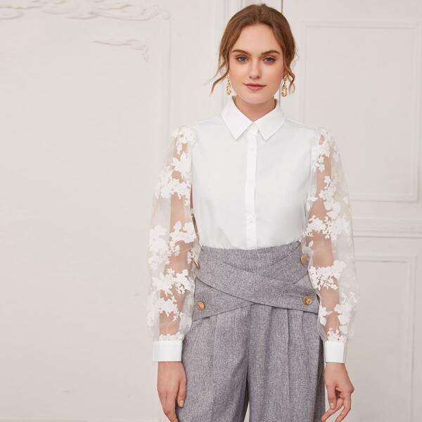 

Floral Organza Lantern Sleeve Blouse, White
