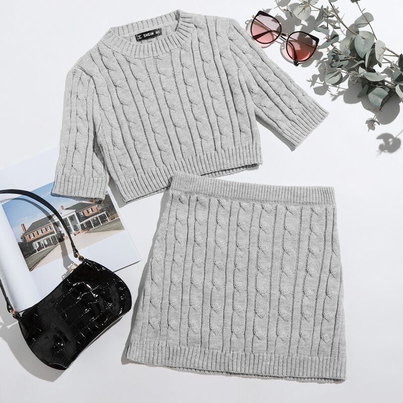 

Solid Cable Knit Top & Skirt Set, Grey