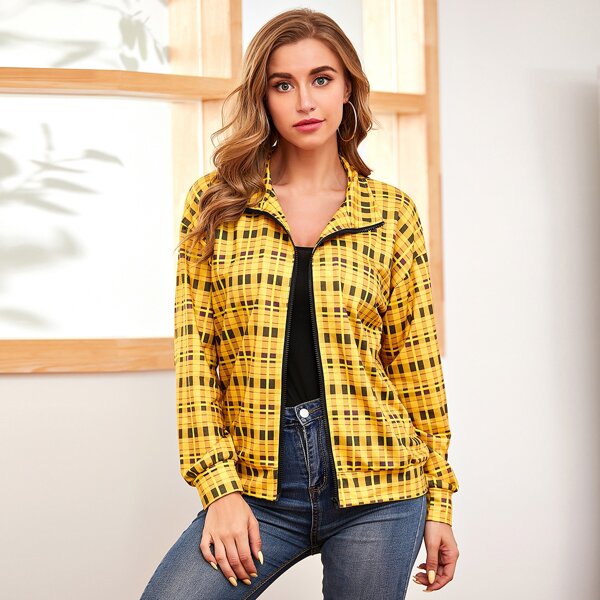 

Plaid Zip Up Drop Shoulder Jacket, Yellow