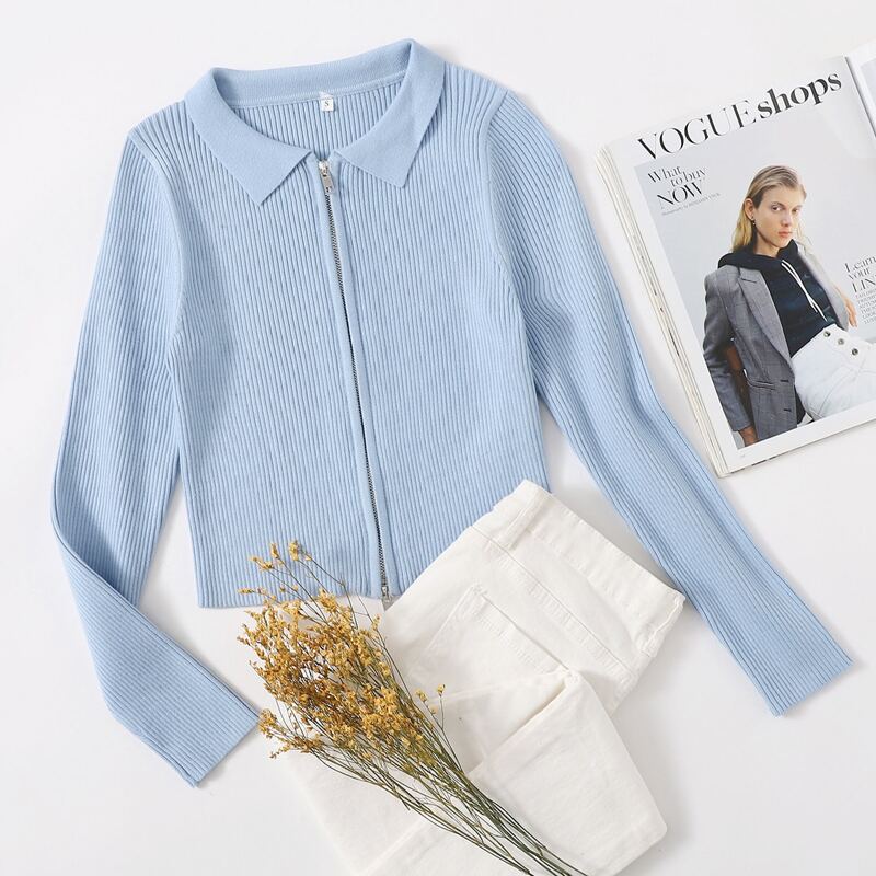 

Zip Up Rib-knit Cardigan, Baby blue