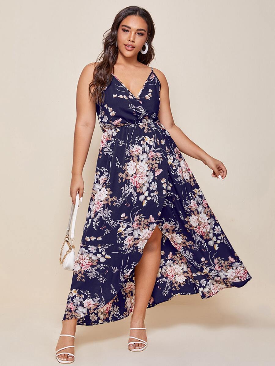 SHEIN VCAY Plus Floral Print Wrap Cami Dress - Navy Blue - View 1