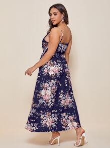 SHEIN VCAY Plus Floral Print Wrap Cami Dress - Navy Blue - View 2