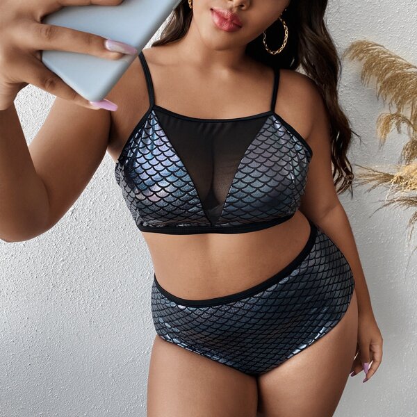 

Plus Fish Scales Mesh Insert Bikini Swimsuit, Multicolor