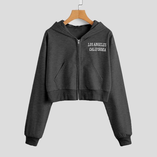 

Plus Letter Embroidery Zip Up Hooded Sweatshirt, Dark grey