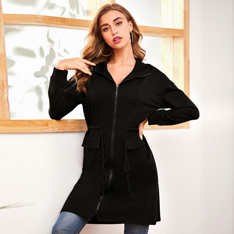 

Flap Pockets Drawstring Waist Hooded Coat, Black