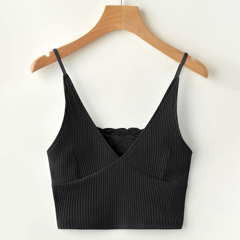 

Lace Back Crop Cami Bralette, Black