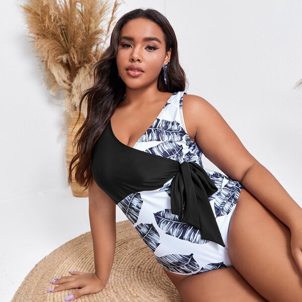 

Plus Tropical Tie Waist One Piece Swimsuit, Black and white