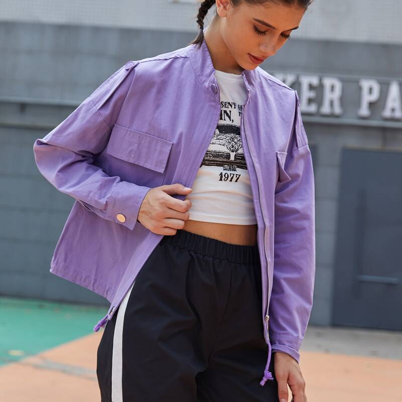 

Drop Shoulder Zip Up Pocket Patched Jacket, Violet purple
