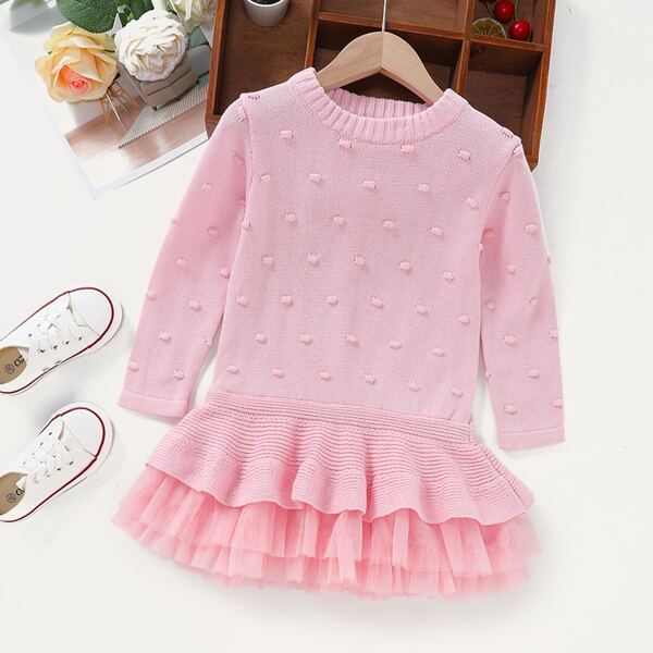 

Toddler Girls Swiss Dot Contrast Mesh Sweater Dress, Baby pink