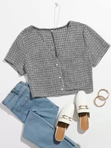SHEIN Unity Button Front Tweed Top - Black and White - View 1