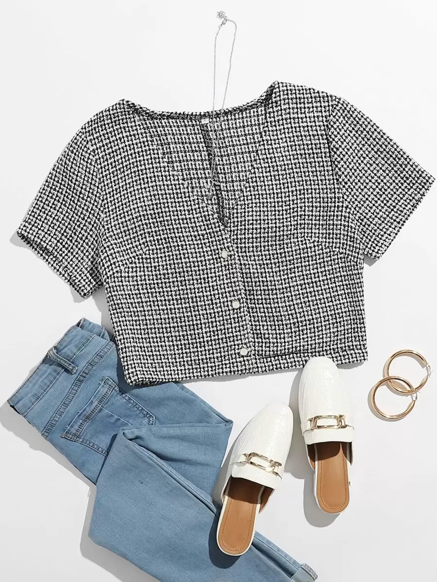 SHEIN Unity Button Front Tweed Top - Black and White - View 1
