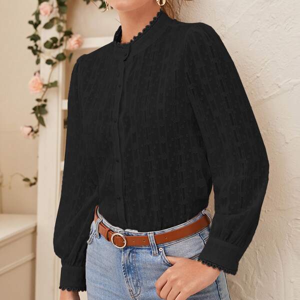 

Guipure Lace Trim Button Up Sheer Blouse, Black