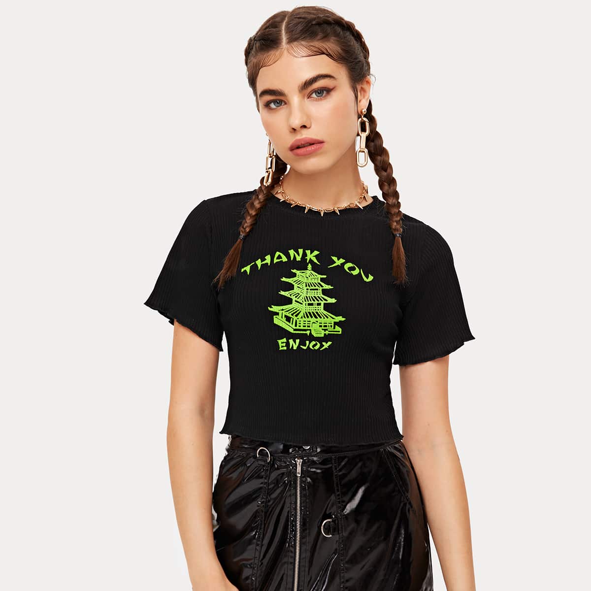 

Slogan Graphic Lettuce Trim Tee, Black