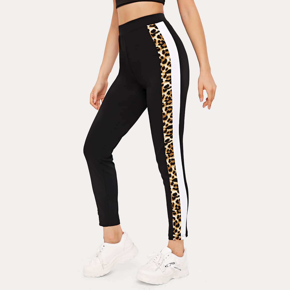 

Contrast Leopard Tape Leggings, Black