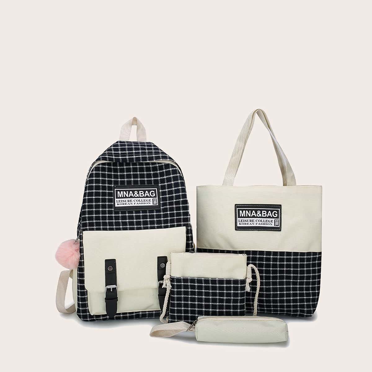 

4pcs Plaid Graphic Backpack Set, Black