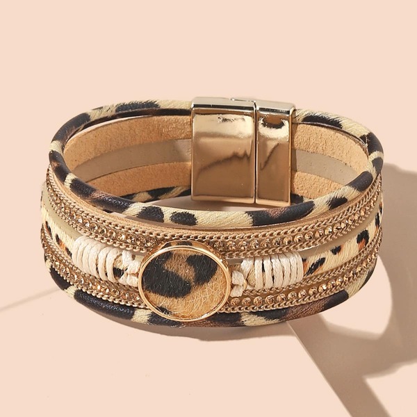

Leopard Print Round Decor Layered Bracelet, Multicolor