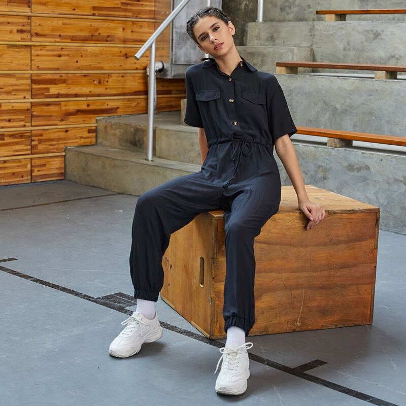 

Solid Drawstring Waist Shirt Jumpsuit Without Bag, Black