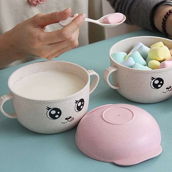 

1pc Kids Cartoon Bowl & Lid & Spoon, Pink