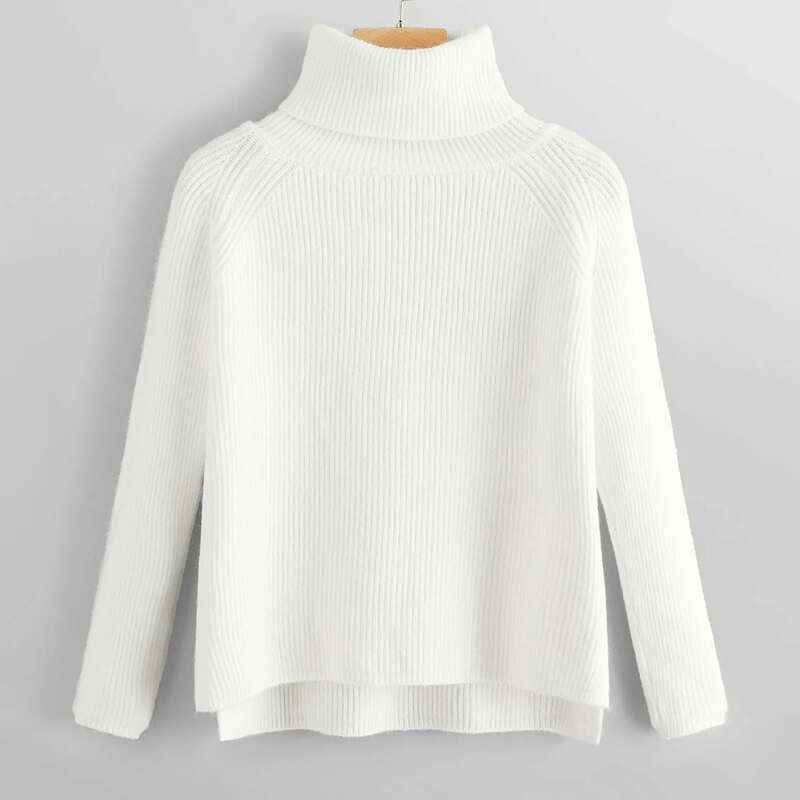 

Solid High Neck Sweater, White